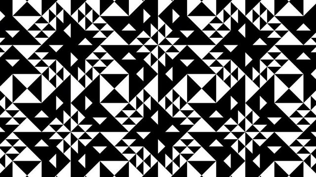 Simple geometric shapes move in a dynamic pattern. Background with a seamless loop motion graphic in a flat design. Monochrome rectangular tile mosaic