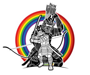 Group of Samurai Warrior Ronin with Weapon and Armor Action Ready to Fight Cartoon Graphic Vector