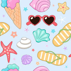 Seamless seashells and starfish pattern. Tropical vacation pattern with beach stuff - heart sunglasses, flip flops, seashells, starfish. Summer theme pattern for fabric, paper, decoration design.