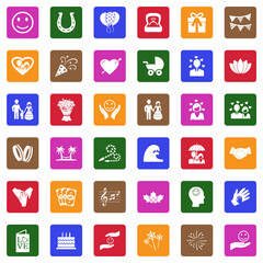 Happiness Icons. White Flat Design In Square. Vector Illustration.
