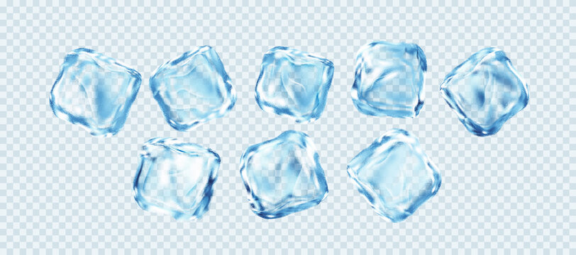 Set of Realistic Ice Cubes Isolated on White Transparent Background. Real transparent ice effect. Vector illustration