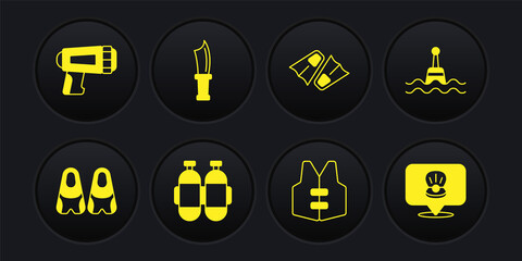Set Flippers for swimming, Floating buoy, Aqualung, Life jacket, Diving knife, Scallop sea shell and Flashlight diver icon. Vector