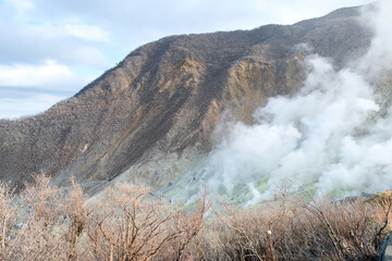 Owakudani Hell Valley ,smoky inside Hakone Boiling steam in Kami Mountain ,Japan
