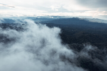Mountains and rural villages in the rain