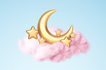 Crescent moon, golden stars and pink clouds 3d style isolated on blue background. Dream, lullaby, dreams background design for banner, booklet, poster. Vector illustration