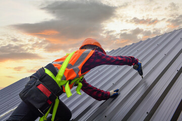 Roofer Construction worker install new roof,Roofing tools