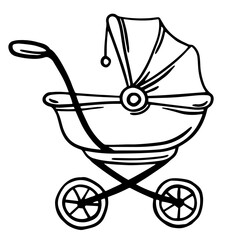 Plakat One continuous single drawing line art flat doodle carriage, stroller, wheel, baby, buggy, childhood, newborn. Isolated image hand draw contour on a white background