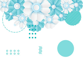 Social media post template with floral paper cut style element. Tosca vector banner design templates in simple modern style with copy space for text, flowers and leaves. Wedding invitation backgrounds