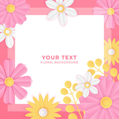 Social media post template with floral paper cut style element. Pink vector banner design templates in simple modern style with copy space for text, flowers and leaves. Wedding invitation backgrounds