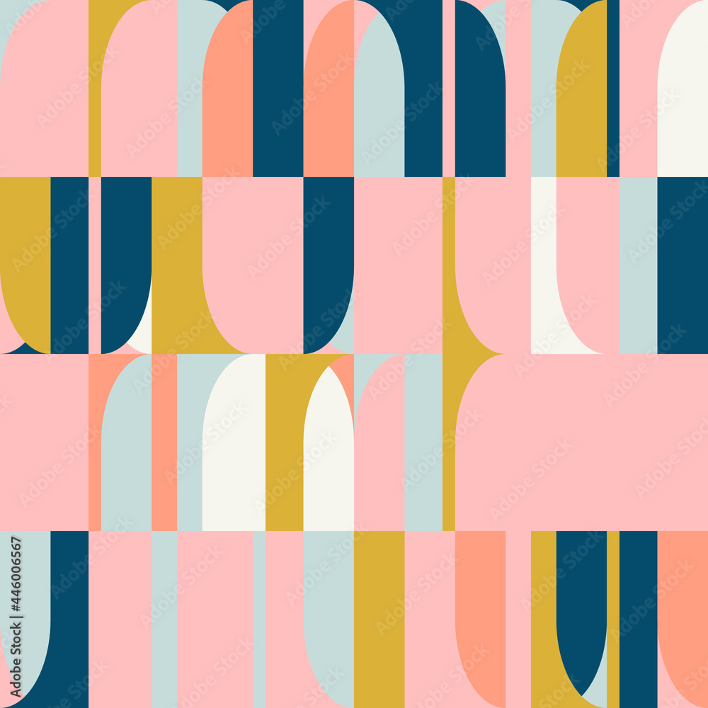 Aufkleber Mid-century geometric abstract vector seamless pattern with simple shapes and retro color palette. Simple composition for web design, branding, invitations, posters, textile and wallpaper.