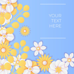 Fresh floral summer background with calm gradient color. Social media post template with flowers paper cut style. Can be use for fashion ads, cosmetic, branding, greeting card