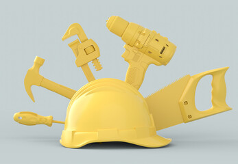 Isometric view of monochrome construction tools for repair on grey and yellow