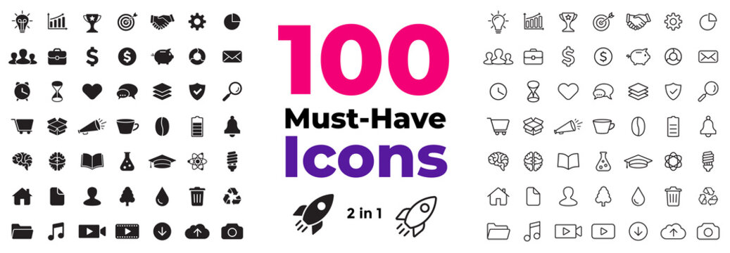 100 Must-Have Icons Pack. Flat and linear. Best for business, internet, science, education, ecology, e-commerce and many more spheres. 