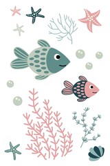 Postcard with cute hand drawn fish. White background, isolate. Vector illustration.