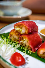 The classic dim sum of Guangzhou Cantonese morning tea, shrimp and red rice rolls