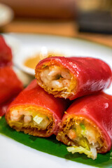 The classic dim sum of Guangzhou Cantonese morning tea, shrimp and red rice rolls