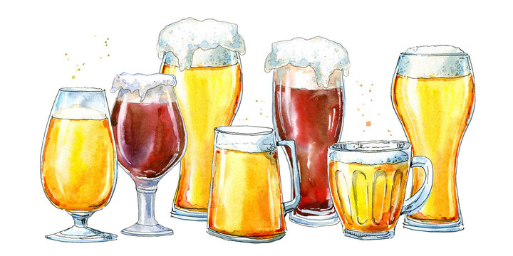 Border of a dark and light beer. Painting of a alcohol drink .Watercolor hand drawn illustration.White background.