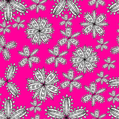 seamless pattern with white doodles flowers on colorful background