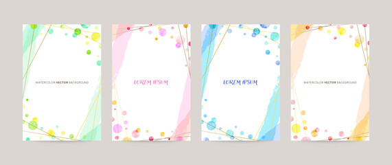 Fototapeta vector card design template with colorful watercolor bubbles, gold lines obraz