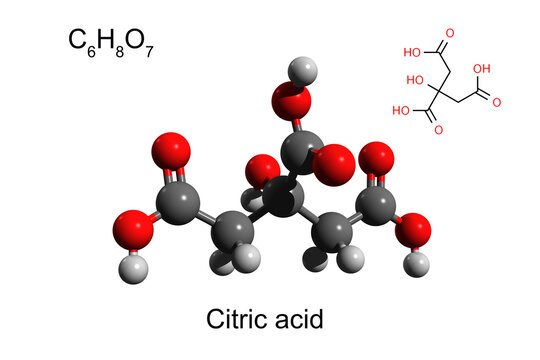 Chemical formula, skeletal formula, and 3D ball-and-stick model of citric acid, white background	