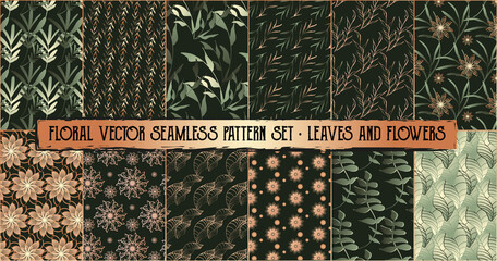 12 floral vector seamless pattern set -  leaves and flowers