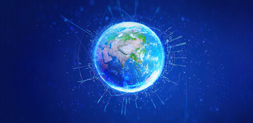 3d illustration of detailed Tech  virtual planet Earth on black background. Technological digital globe world