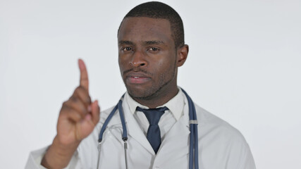 No Sign with Finger by African Doctor, White Background