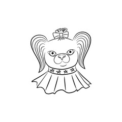 Vector illustration of a funny dog character. A cute puppy with a collar and clothes is drawn with a black line on a white background. Pet for women. Children's design for bags, labels, printing.