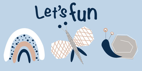 Vector hand drawn illustration of fun snail, butterfly, rainbow in Scandinavian style for fabrics, paper, textile, gift wrap isolated on white background for cute postcard, logo