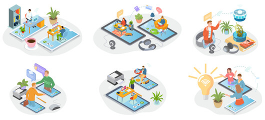 Fototapeta premium Remote working and networks. Professional business teleworkers connecting online and remote work from home for corporate company. Global outsourcing distributed team, freelance job. Remotely by leader