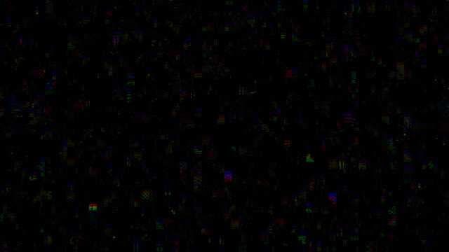 Horizontal distortion of broken video image on black background, VHS effect, glitch digital color pixel noise. Stock abstract pixel background glitch texture. Color digital noise, VHS corrupted signal