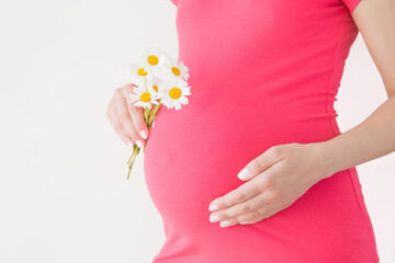Young adult woman in pink dress holding bouquet of daisy flowers and touching big belly with hand....