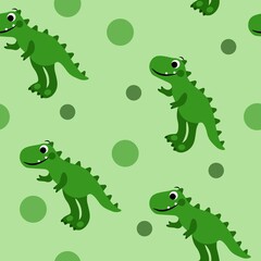 Funny cartoon dinosaurs seamless pattern with green background illustration for kids.
Design for poster, kids wrapping, background, print, texture, textile.