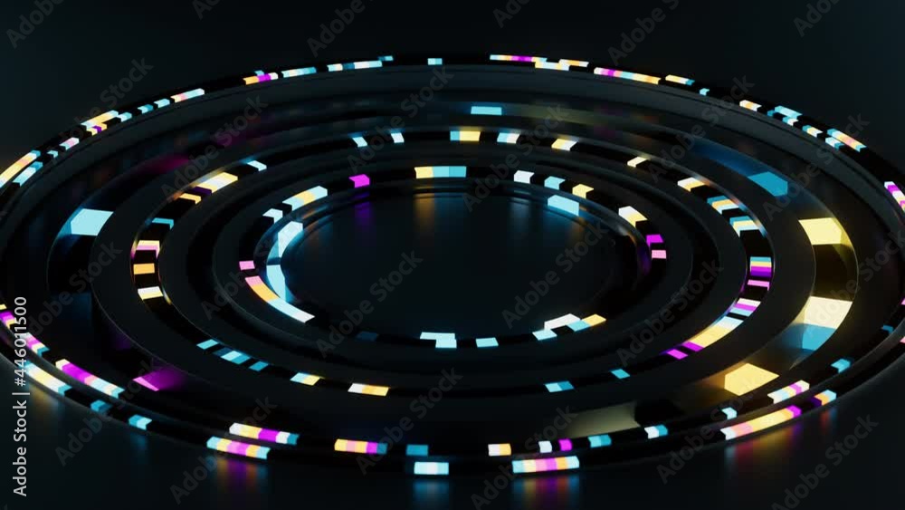 Poster 3d render of colorful rings imitates the artificial intelligence deep learning process. glowing abst