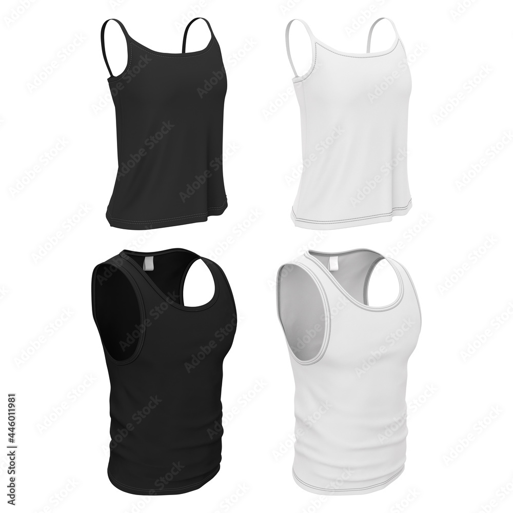 Wall mural Singlet for men and women. Black and white underwear, sportswear. 3d realistic mock-up isolated on white background. - Wall murals
