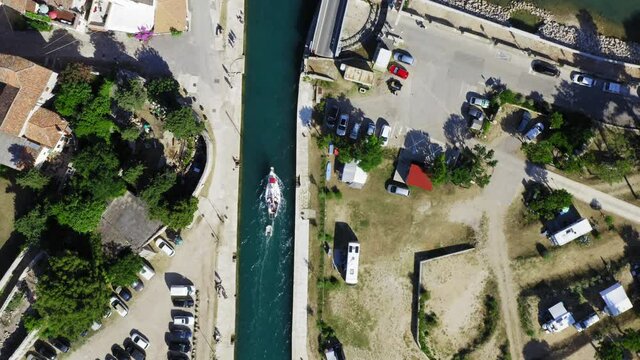 Aerial view of the bridge and channel in historic old town of Osor on Cres Island, the Adriatic Sea, Croatia