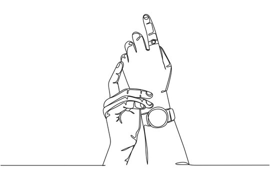 Continuous one line of hands  with stylish wrist watch and ring in silhouette on a white background. Linear stylized.Minimalist.