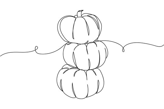 Continuous one line of three stacked mini pumpkin happy halloween day in silhouette on a white background. Linear stylized.Minimalist.