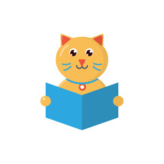 Cute Cartoon Little Cat Study Reading Book Studying Icon, Logo, and illustration