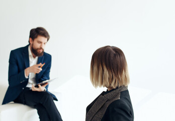 business man and woman work colleagues job interview