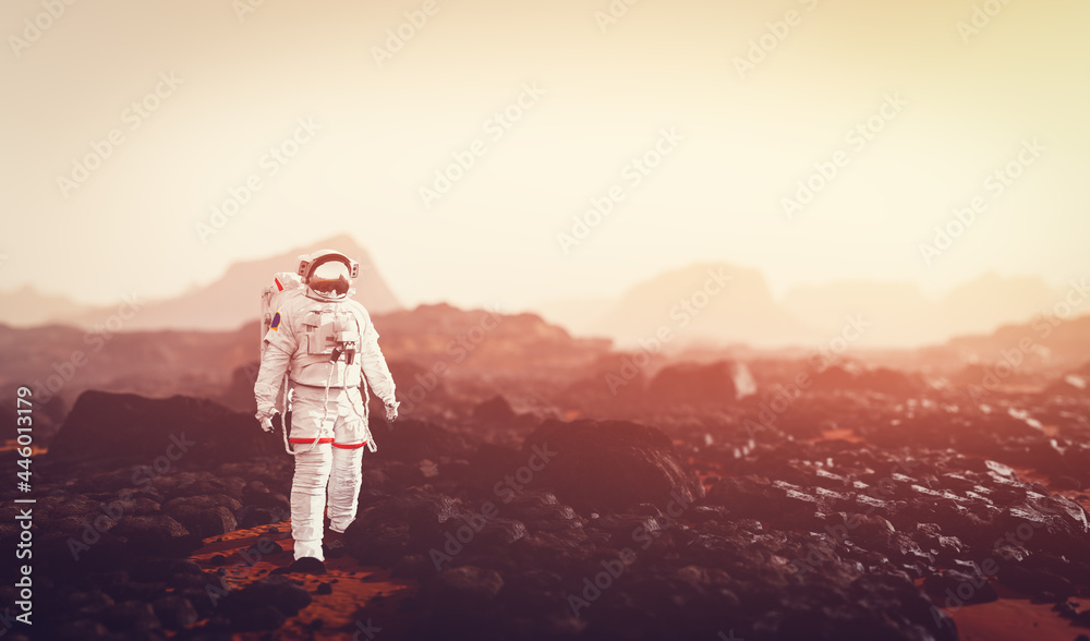 Sticker astronaut doing space walk and explore planet such as mars.