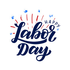 Happy Labor Day typography poster. Hand sketched labor day text logo with festive fireworks background in the colors of usa flag. Labor day social media post template.