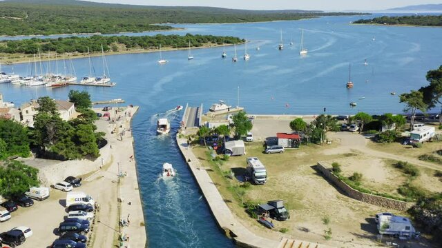Aerial view of the bridge and channel in historic old town of Osor on Cres Island, the Adriatic Sea, Croatia