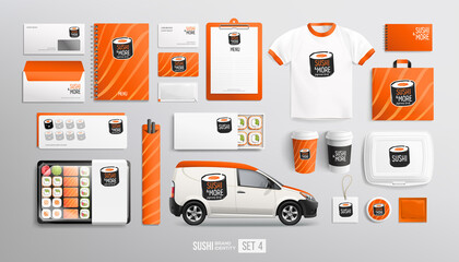 Sushi Bar Restaurant Brand identity with logo on food package and items. Creative design orange colors stationery MockUp set of Sushi delivery van, lunch box, uniform, package. Japanese food branding