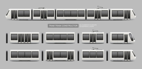 Set constructor of Tram Metro Train, Streetcar - vector mockup template. Tramcar, Light rail train constructor for your design. City Electric transport Isolated on grey