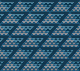 Triangles, seamless pattern, dark. Geometric background. Seamless pattern. Colored, flat decor. Gray and blue triangles on a dark field. Vector.  