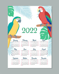 2022 calendar template. Calendar concept design with parrot. Week starts on Sunday.  Vector illustration.