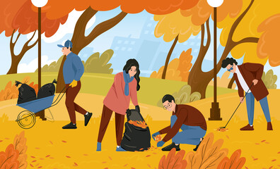 Volunteers are cleaning the fallen leaves in the park. A group of young people work in an urban recreation area in the autumn to harvest foliage. Vector cartoon illustration