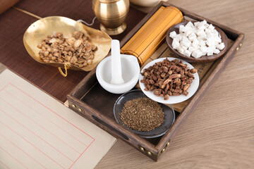 Chinese medicine materials and Chinese medicine classics on the table