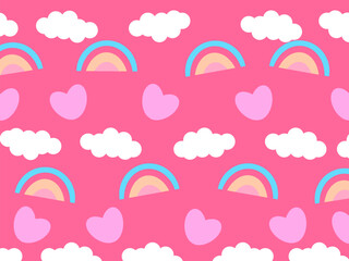 pink background  seamless pattern  vector cartoon illustration  sky hearts clouds and rainbows